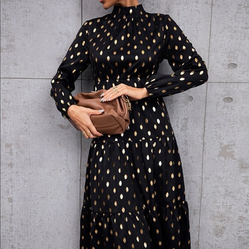 Gold dot and black mock neck ruffle dress